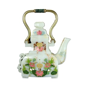 Superb Chinese Colored Drawing Hetian Jade Handle Teapot