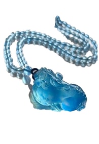 Beautiful Aquamarine Carved Fortune Pixiu Pendant w Hand Woven Beads Necklace