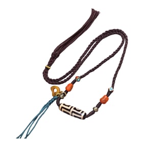 Hand Woven Tibetan Four Eye DZI Agate Lucky Pendant w Agate Beads Necklace