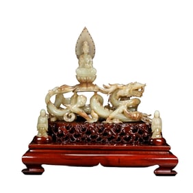 Superb Vintage Chinese Hetian Jade Carved Fortune Dragon & Kwan-yin & Kids Statue