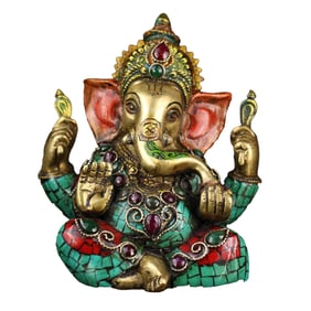 Tibetan Buddhism Gilt Gold Copper Inlay Turquoise & Gems Buddha Ganesha Buddha Statue