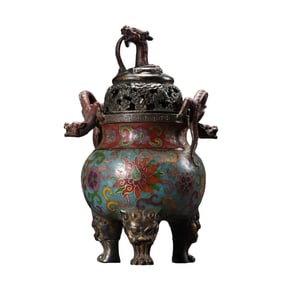 Vintage Chinese Copper Cloisonne Fortune Dragon Incense Burner