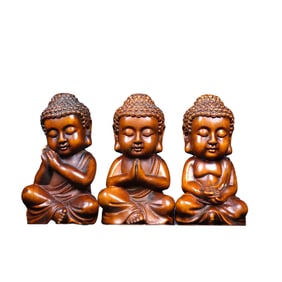 A Set Three Chinese Boxwood Wood Carved Buddha Sttaue