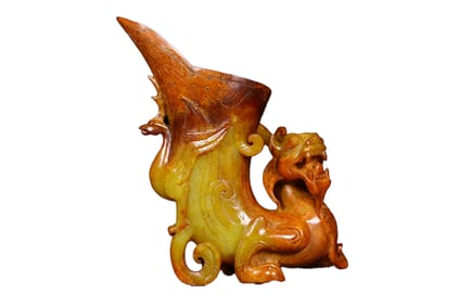 Superb Vintage Chinese Hetian Jade Carved Dragon Phoenix Wine Cup