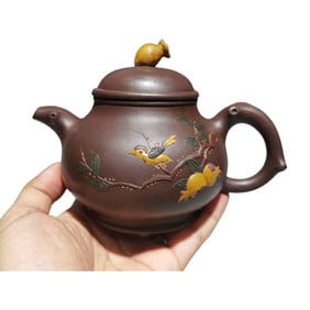 Chinese Yixing Zisha Plum Flower & Magpie Teapot w Artist Signed