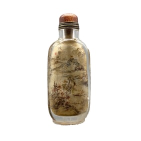 Old Chinese Crystal Inside Painting Mountain River Scene Design Snuff Bottle w Stopper