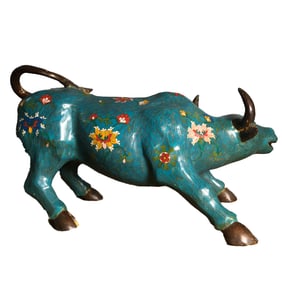 Vintage Chinese Gilt Gold Copper Cloisonne Fortune ox Statue