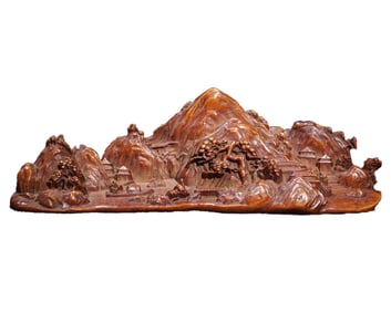 Vintage Chinese Boxwood Wood Carved Mountain River Scene Statue