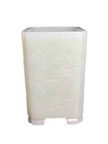 Superb Chinese White Hetian Jade Low Relief Mountain River Scene Brush Pot