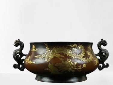 Vintage Chinese Gilt Gold Copper Double Ear Fortune Dragon Incense Burner