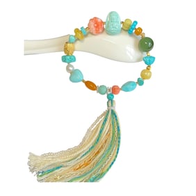 Hand Woven Beautiful Turquoise & Beeswax & Nanhong Agate & Green Hetian Jade Beads Bracelet