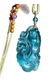 Beautiful Aquamarine Carved Ruyi Pendant w Hand Woven Necklace