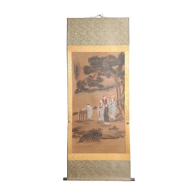 Chinese Watercolour On Silk Sages Meeting  Design Painting