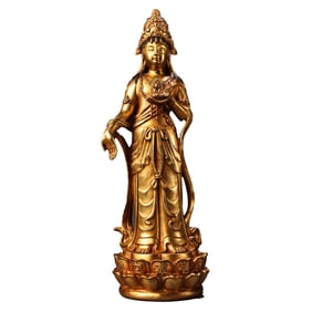 Vintage Chinese Gilt Gold Copper Kwna-yin Statue