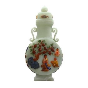 Superb Chinese Hetian Jade Inlay Gem Figure Vase