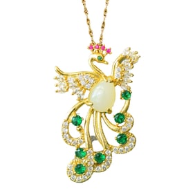 Beautiful Silver Plated Gilt Gold Inlay Hetian Jade Phoenix Pendant