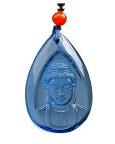 Beautiful Aquamarine Carved Siddhartha Buddha Pendant w Hand Woven Necklace