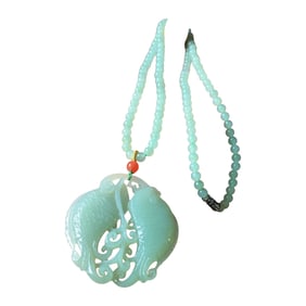 Chinese Hetian Jade Carved Double Fish Pendant w Hand Woven Beads Necklace