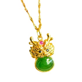 Chinese 925 Silver Inlay Green Hetian Jade Carved Fortune Dragon Pendant