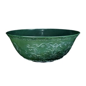 Superb Chinese Green Hetian Jade Low Relief Flower Design Bowl