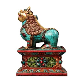 Tibetan Buddhism Gilt Gold Copper Inlay Turquoise & Gems Fortune Lion Statue