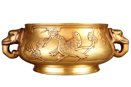 Vintage Chinese Gilt Gold Copper Plum Flower & Magpie Design Incense Burner