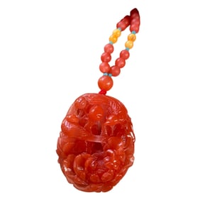 Superb Chinese Nanhong Agate Carved Flowers Bird Pendant w Hand Woven Beads Necklace