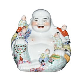 Chinese Famille Rose Laughing Buddha Porcelain Statue