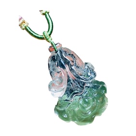 Beautiful Green Crystal Carved Fortune Cabbage Pendant w Hand Woven Necklace