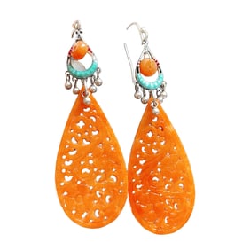 A Pair Beautiful 925 Silver Inlay Jadeite Earring