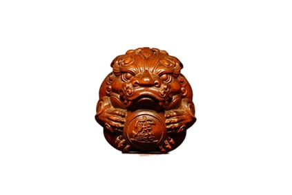 Vintage Chinese Boxwood Wood Carved Fortune Lion Statue