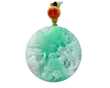 Exquisite Jadeite Carved Mountain River Scene Pendant w Hand Woven Beads Necklace