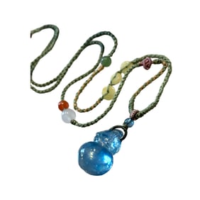 Beautiful Aquamarine Carved Gourd Pendant w Hand Woven Necklace