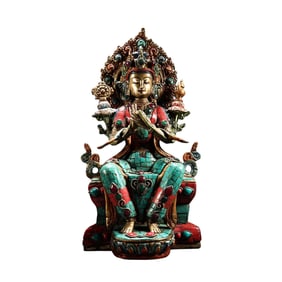 Tibetan Buddhism Gilt Gold Copper Inlay Turquoise & Gems Buddha Statue