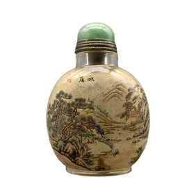 Old Chinese Peking Glass Inside Painting Mountain River Scene Design Snuff Bottle w Stopper