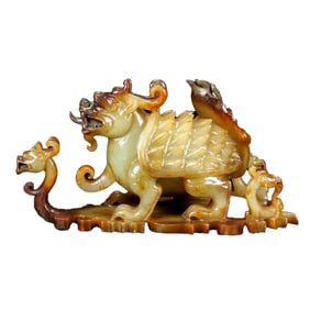 Superb Vintage Chinese Hetian Jade Carved Divine Beast Statue