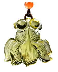 Beautiful Yellow Crystal Carved Goldfish Pendant w Hand Woven Necklace