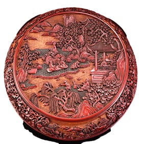 Chinese Red Lacquerware Low Relief Sages Meeting Jewellery Box