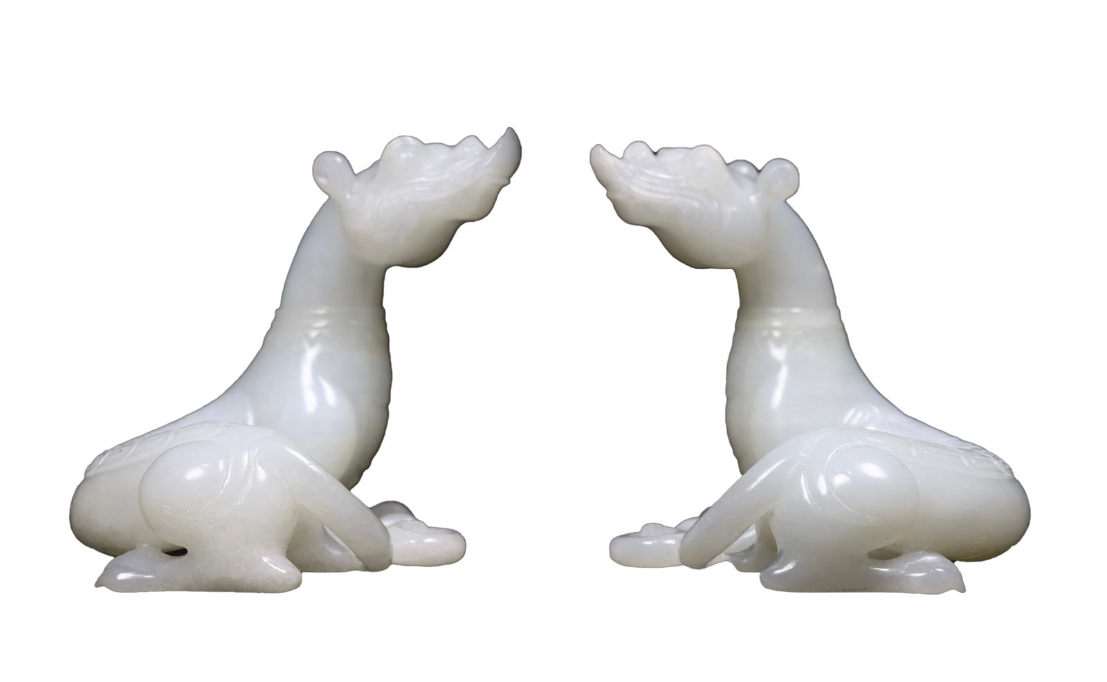 A Pair Exquisite Chinese White Hetian Jade Carved Divine Beast Statue