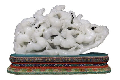 Superb Chinese White Hetian Jade Carved Eight Horse Statue