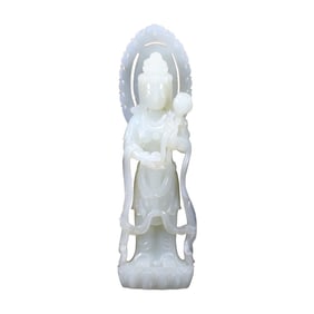 Exquisite Chinese White Hetian Jade Carved Lotus Flower Kwan-yin Statue