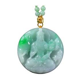 Exquisite Jadeite Carved Lotus Flower Kwan-yin Pendant w Jadeite Beads Necklace