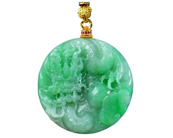 Exquisite Jadeite Carved Fortune Dragon Pendant w Jadeite Beads Necklace