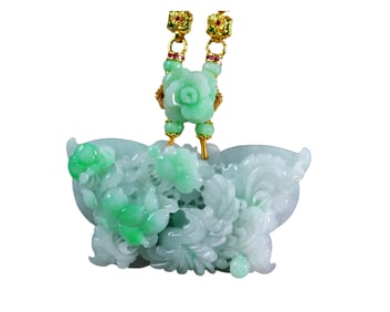 Exquisite Jadeite Carved Flowers Butterfly Pendant w Jadeite Beads Necklace