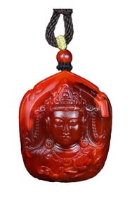 Superb Chinese Nanhong Agate Carved Kwan-yin Pendant