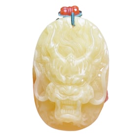 Beautiful Beeswax Carved Fortune Dragon Pendant w Hand Woven Necklace