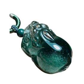 Beautiful Natural Green Crystal Carved Fortune Pixiu Pendant w Hand Woven Necklace