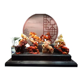 A Set Superb Chinese Shoushan Stone Carved Eight Horse Statues