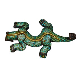 Vintage Chinese Gilt Gold Copper Inlay Turquoise Divine Beast Belt Buckle