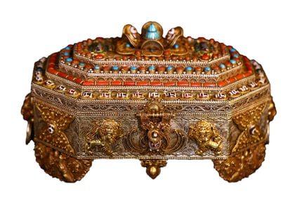 Tibetan Buddhism Gold Wire Inlay DZI Agate & Turquoise & Lapis Lazuli Jewellery Box